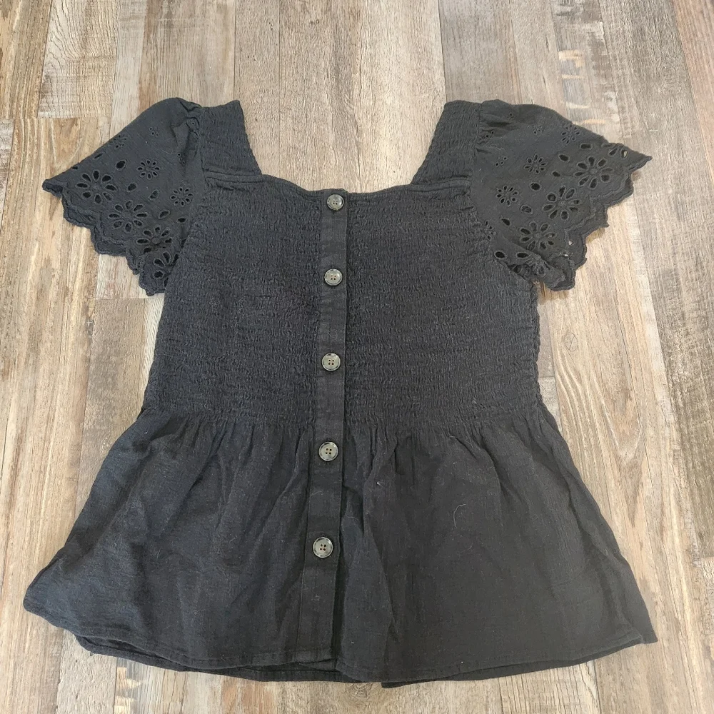 Madewell Black Eyelet-Sleeved Lucie Smocked Peplum Top Size Small - Picture 5 of 6